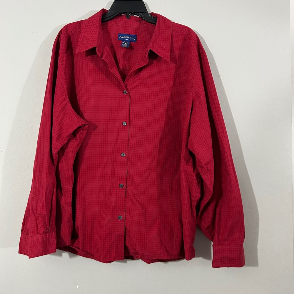 Charter Club Woman Red  Checkered‎ Button Down Long Sleeve Shirt Plus Size 24W